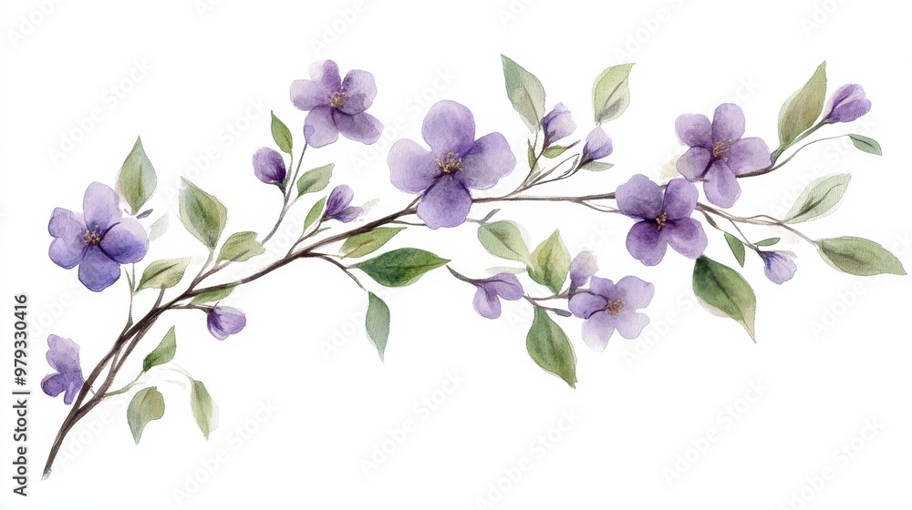 Obraz premium A watercolor illustration of delicate purple flowers and green leaves.