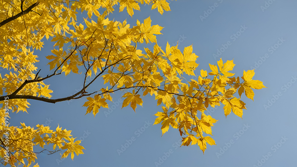 Autumn scenery featuring a branch of a maple tree with bright yellow leaves indicating the changing seasons forest landscape blue sky background, Autumn scenery featuring a branch of a maple tree with bright yellow leaves indicating the changing seasons forest landscape blue sky background,