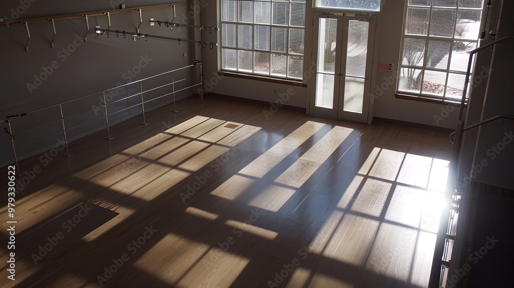Elegant Aerial View of a Dance Studio with Polished Wooden Floor and Ballet Barre, Embracing the Essence of Artistic Expression and Performance Space Elegant Aerial View of a Dance Studio with Polished Wooden Floor and Ballet Barre, Embracing the Essence of Artistic Expression and Performance Space
