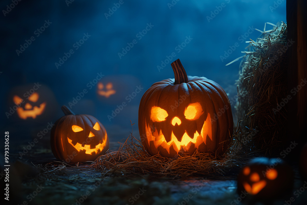 Fototapeta premium scary carved pumpkins in the dark