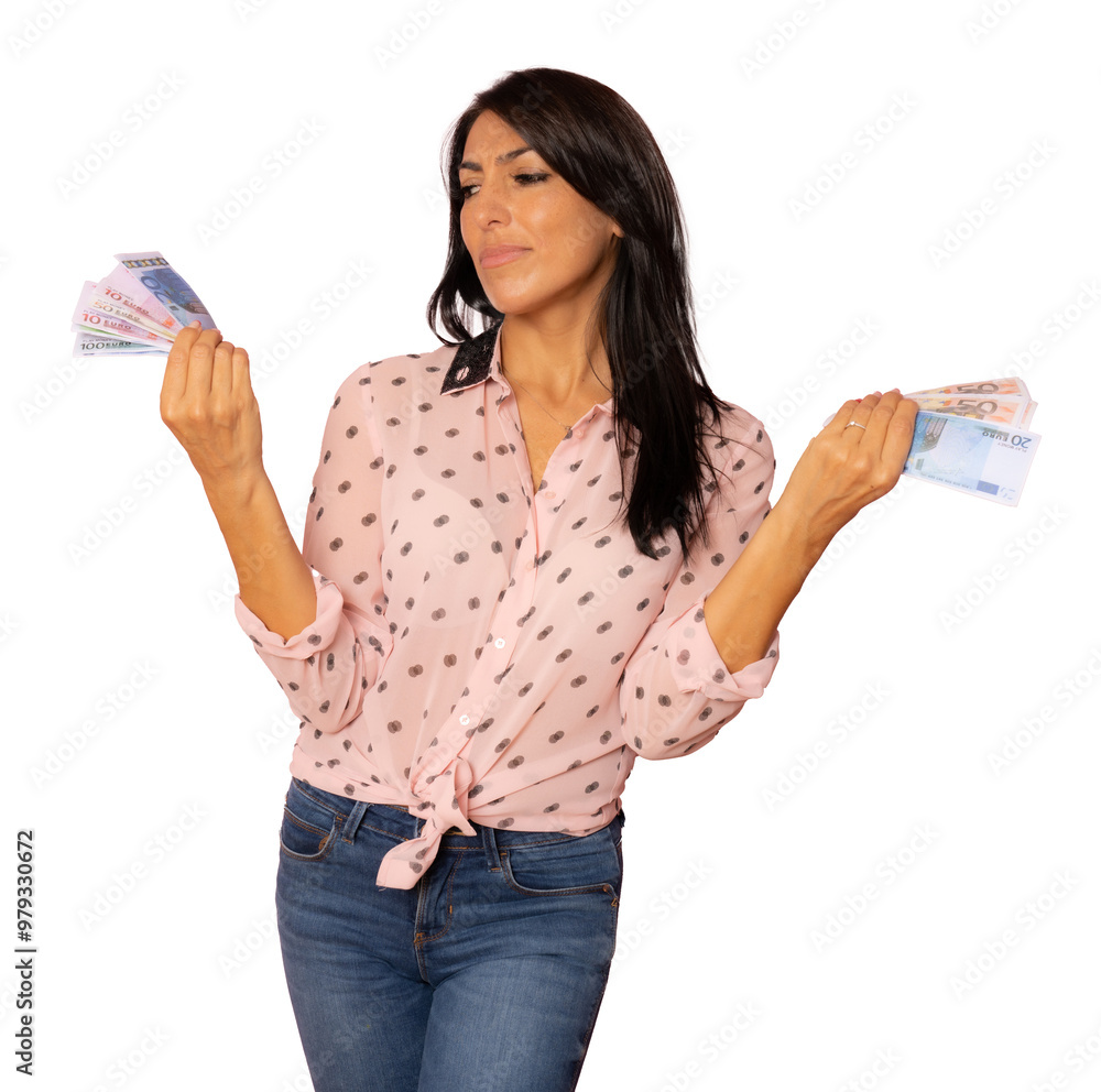 Portrait of middle aged woman holding money banknotes and celebrating isolated over transparent background Portrait of middle aged woman holding money banknotes and celebrating isolated over transparent background
