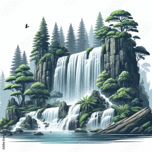 Vector of roaring waterfall in the forest photo