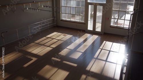 Elegant Aerial View of a Dance Studio with Polished Wooden Floor and Ballet Barre, Embracing the Essence of Artistic Expression and Performance Space