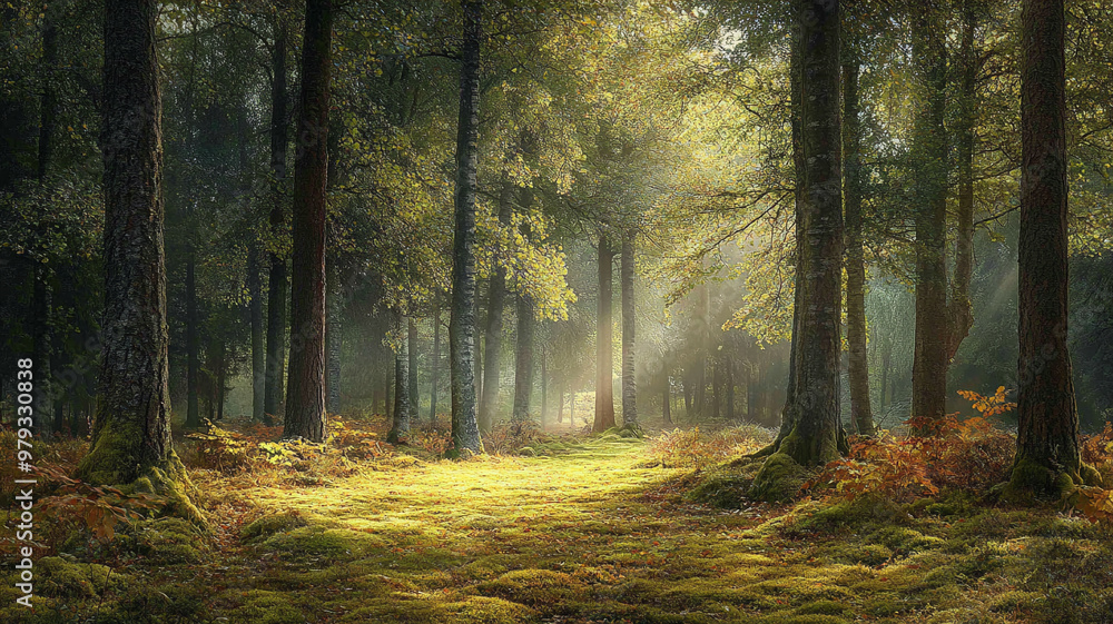Fototapeta premium A serene forest scene with tall trees and sunlight filtering through the leaves