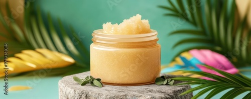 Body scrub jar on stone slab with herbs, colorful palm leaves, and cute cartoon accents, skincare, body scrub, cute decor, product styling