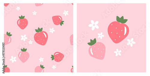 Seamless pattern with strawberry and cute flower on pink background. Strawberry and white flower icon set vector.