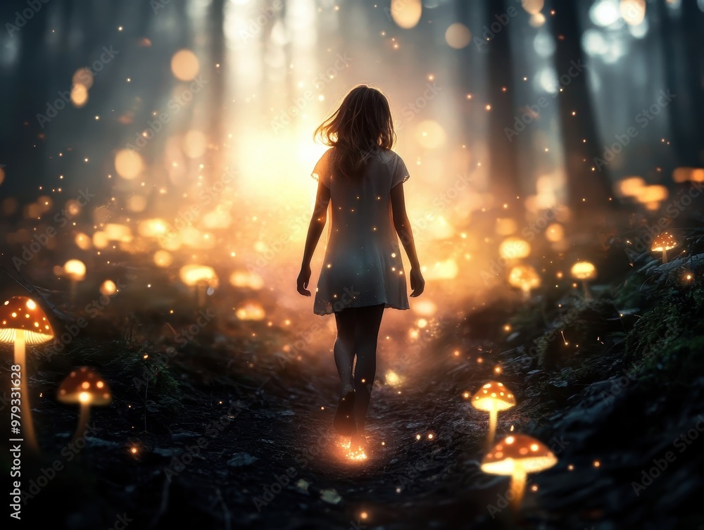 A girl walks through a mystical forest illuminated by glowing mushrooms, creating a dreamlike, enchanting atmosphere. A girl walks through a mystical forest illuminated by glowing mushrooms, creating a dreamlike, enchanting atmosphere.