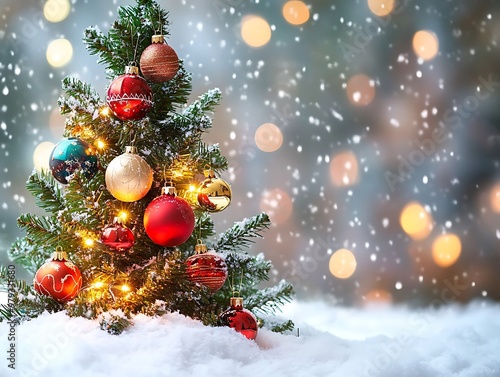 A fully adorned Christmas tree with vibrant ornaments, showcased against a snowy background, creating a perfect festive scene.