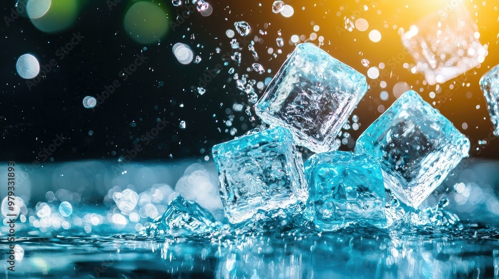 Ice cubes melting in water, showcasing the exquisite clarity of the surrounding liquid as they dissolve slowly and create a mesmerizing interplay of light and texture. Ice cubes melting in water, showcasing the exquisite clarity of the surrounding liquid as they dissolve slowly and create a mesmerizing interplay of light and texture.