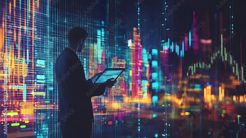 A Silhouetted Businessman Analyzing Data with a Tablet Against a Background of Glowing Cityscape and Data Visualizations