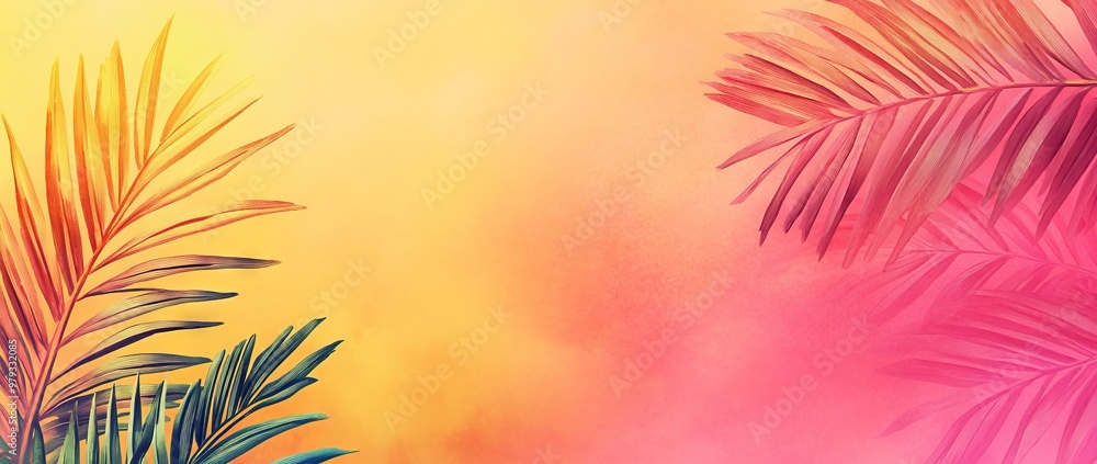 Tropical Plants on a Colorful Background with Palm Leaves, Summer Concept Banner with Copy Space -- AI generated illustration Tropical Plants on a Colorful Background with Palm Leaves, Summer Concept Banner with Copy Space -- AI generated illustration