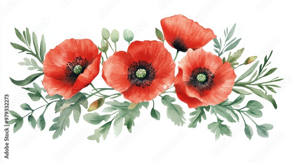 Obraz premium A watercolor illustration of vibrant red poppy flowers with green foliage.
