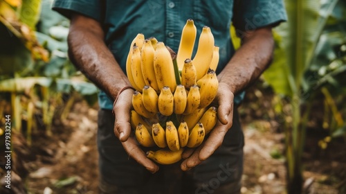 A farmer holding a bunch of organic bananas with a lush plantation in the background, capturing the essence of sustainable farming,