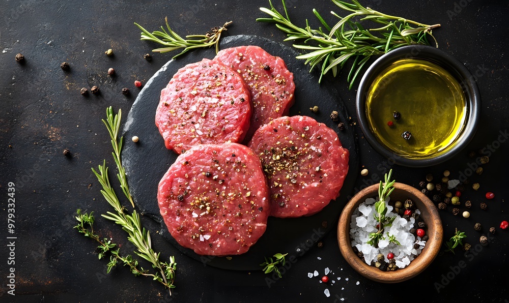 raw burger patties seasoned with salt pepper oil herbs, Generative AI raw burger patties seasoned with salt pepper oil herbs, Generative AI