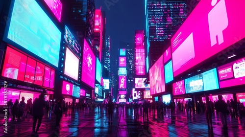 Vibrant city scene at night featuring bright billboards and a bustling crowd reflected on wet pavement.