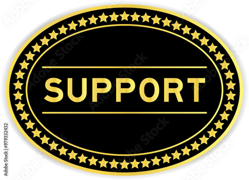Black and gold color oval label sticker with word support on white background