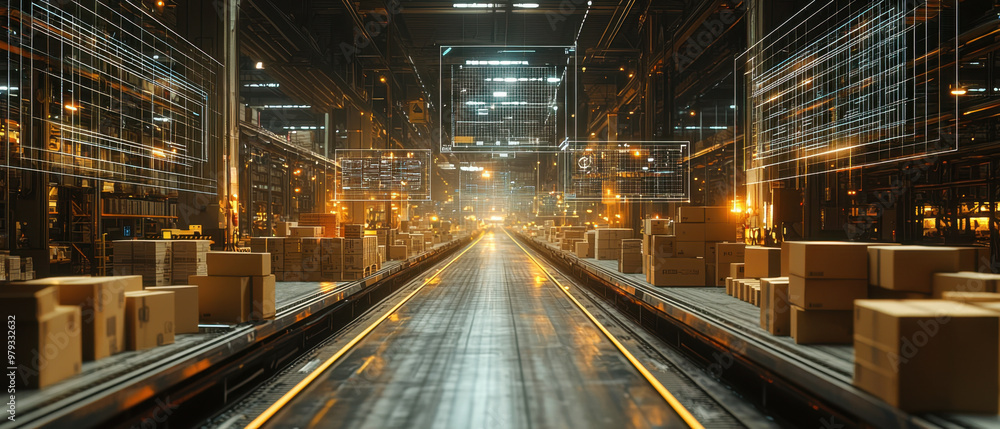 Obraz premium Warehouse Technology, A busy warehouse scene showcases a conveyor belt laden with cardboard boxes, enhanced by interactive wireframe holograms highlighting sorting metrics. The