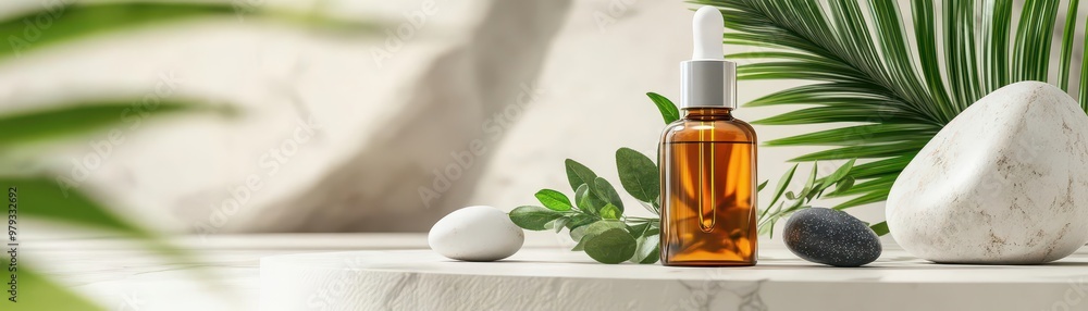 Serum bottle with tropical palm leaves and herbs, minimalist decoration with cartoon-style stones, skincare, serum, product photography, cartoon decor Serum bottle with tropical palm leaves and herbs, minimalist decoration with cartoon-style stones, skincare, serum, product photography, cartoon decor