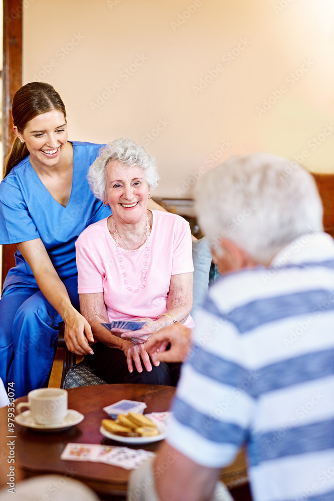 Nursing home, nurse and patient for playing cards with friends, entertainment and laughing. Caregiver, senior people and happy woman with game for problem solving, cognitive function and bonding Nursing home, nurse and patient for playing cards with friends, entertainment and laughing. Caregiver, senior people and happy woman with game for problem solving, cognitive function and bonding