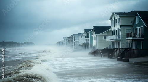 Coastal buildings being battered by storm surge and flash flooding as a tropical storm photo