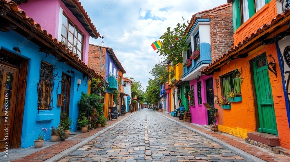 Vibrant street scene lined with colorful houses, showcasing a charming cobblestone path under a beautiful sky. Vibrant street scene lined with colorful houses, showcasing a charming cobblestone path under a beautiful sky.