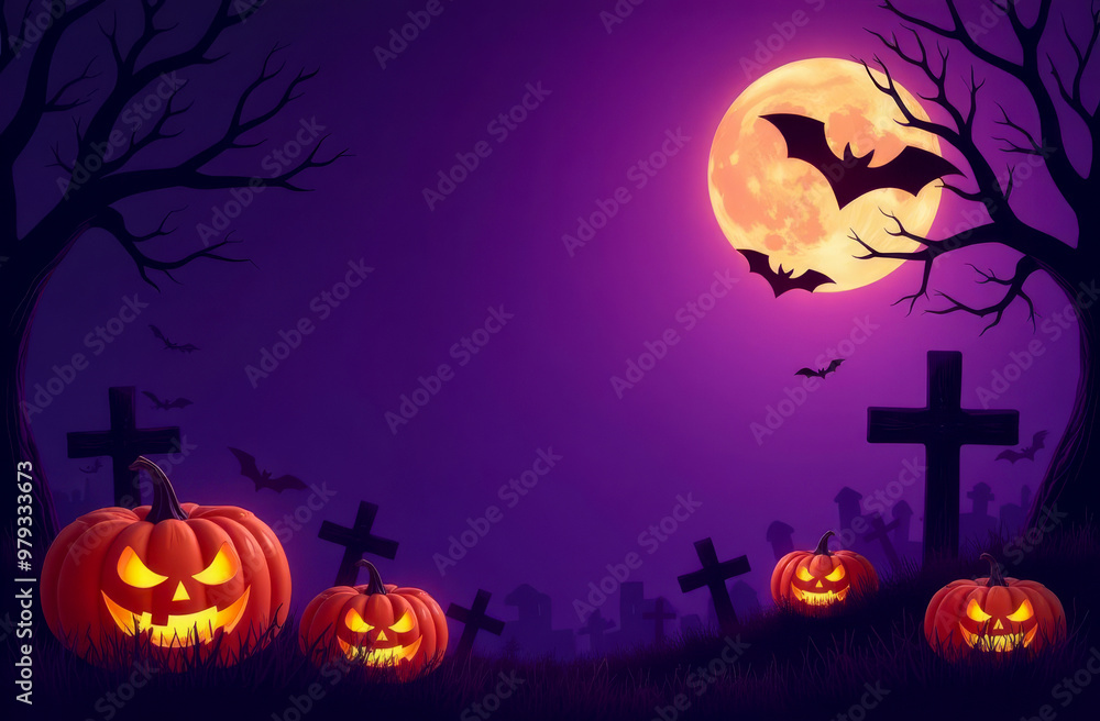 Fototapeta premium Halloween illustration card design of a cemetery with pumpkins, bats, and graves on a purple background. 