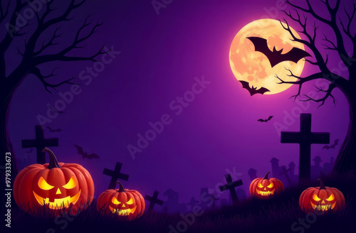 Halloween illustration card design of a cemetery with pumpkins, bats, and graves on a purple background. 