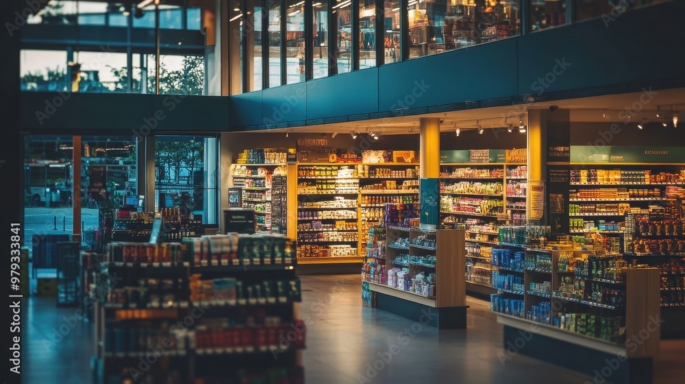 A well-lit grocery store interior showcasing various products on shelves. A well-lit grocery store interior showcasing various products on shelves.