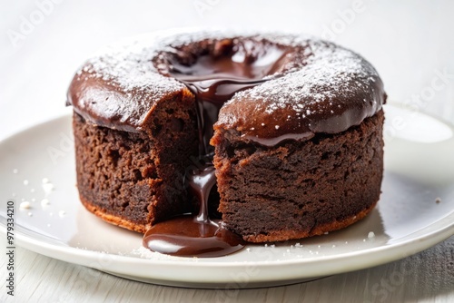 A heavenly, indulgent piece of Swedish chocolate cake, with a molten chocolate center, captured on a stark white background, highlighting its rich and intense flavors. photo