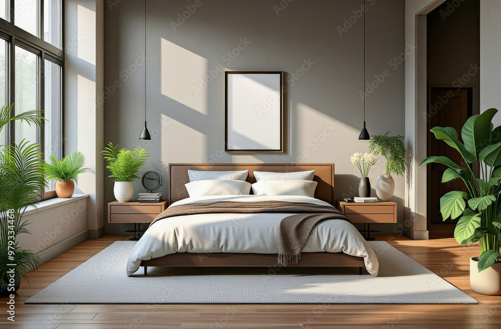 Modern bedroom interior design in loft style. Blank picture frame on a wall. Copy space. Modern bedroom interior design in loft style. Blank picture frame on a wall. Copy space.