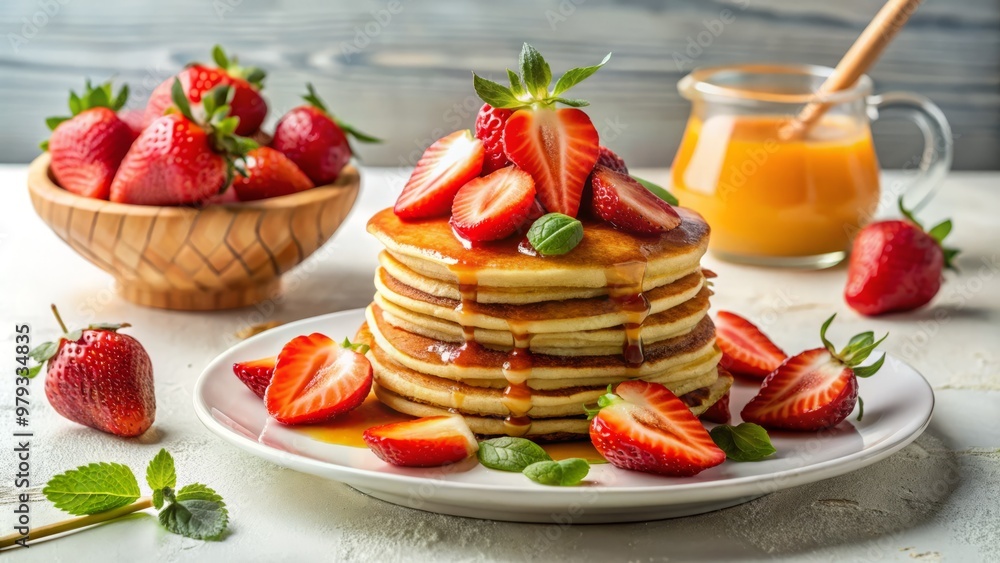 Vibrant breakfast idea featuring kenkey, topped with fresh strawberries and a drizzle of honey, set against a clean white backdrop Vibrant breakfast idea featuring kenkey, topped with fresh strawberries and a drizzle of honey, set against a clean white backdrop
