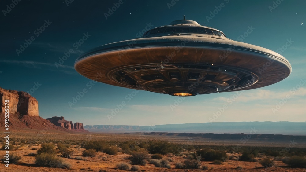 Otherworldly sighting of an alien craft making a dramatic appearance in a secluded desert setting Otherworldly sighting of an alien craft making a dramatic appearance in a secluded desert setting