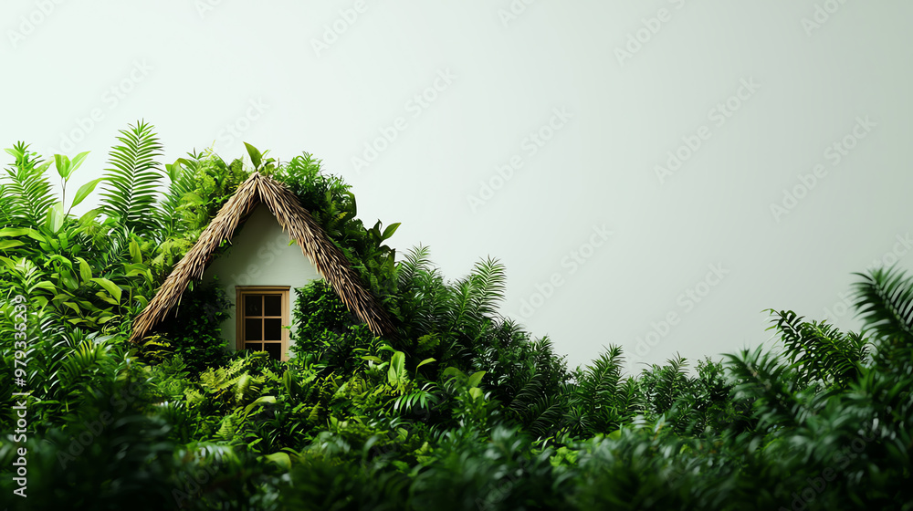 A charming miniature house nestled among lush greenery, symbolizing harmony between nature and home, perfect for eco-friendly themes.