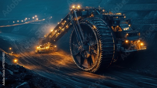 large, brightly lit bucket wheel excavator in action at an open-pit coal mine, surrounded by dark rocks and bright lights illuminating the scene photo