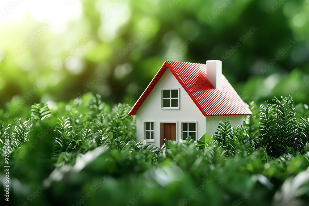 A charming model house nestled among lush green foliage, representing comfort, tranquility, and the beauty of nature. A charming model house nestled among lush green foliage, representing comfort, tranquility, and the beauty of nature.