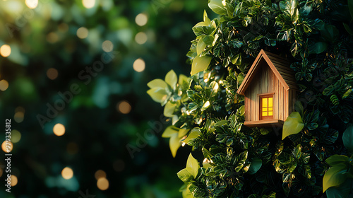 A charming miniature wooden house nestled among vibrant green leaves, capturing a whimsical, serene forest atmosphere.