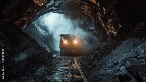 coal mine view from inside, steam around photo