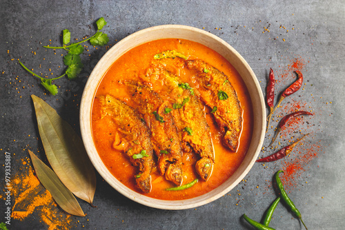 A rich, spicy Bengali dish featuring soft pabda fish simmered in a flavorful mustard-tomato gravy. photo