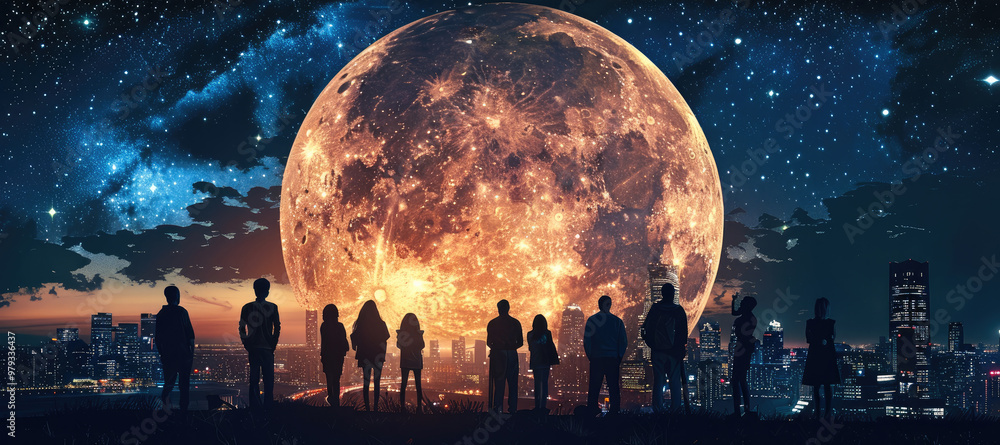Starry night with big moon with many skyscraper style group people watching the star with dark environment. Generative AI. Starry night with big moon with many skyscraper style group people watching the star with dark environment. Generative AI.