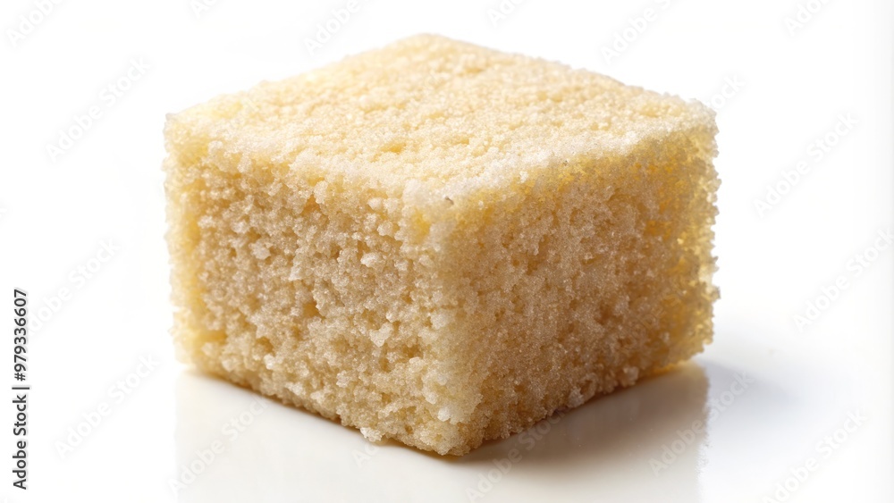 Glossy, sugar-dusted rice pudding cube sits elegantly on a pure white background, showcasing its smooth texture. Glossy, sugar-dusted rice pudding cube sits elegantly on a pure white background, showcasing its smooth texture.