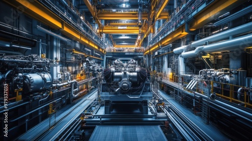 Inside a cavernous shipbuilding facility, the engine room of a large vessel is being constructed photo