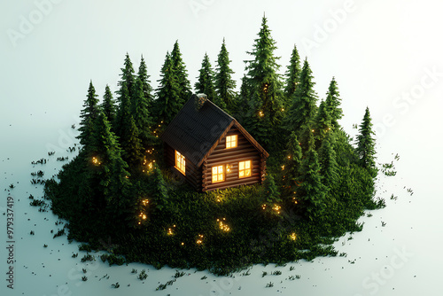 A cozy cabin nestled in a lush forest, illuminated by warm lights, perfect for evoking a sense of tranquility and nature. photo