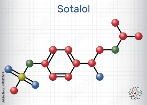 Sotalol drug molecule. Used to treat and prevent abnormal heart rhythms. Molecule model.  Sheet of paper in a cage.  Vector