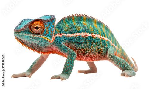 Colorful Chameleon Full-Body Profile with Intricate Patterned Scales and Vibrant Details on White Background, Cutout, Isolated on White Background