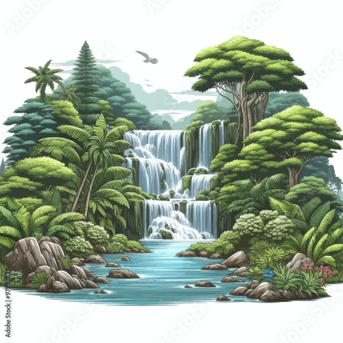Vector of roaring waterfall in the forest
