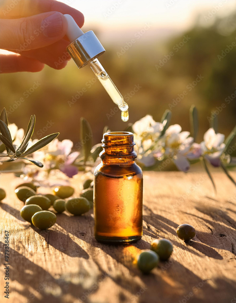 Amber glass bottle on a wooden table, around olive flowers leaves, above a glass pipette with a drop of essence falling, nature background with the sun, Bach flower, floral therapy Amber glass bottle on a wooden table, around olive flowers leaves, above a glass pipette with a drop of essence falling, nature background with the sun, Bach flower, floral therapy