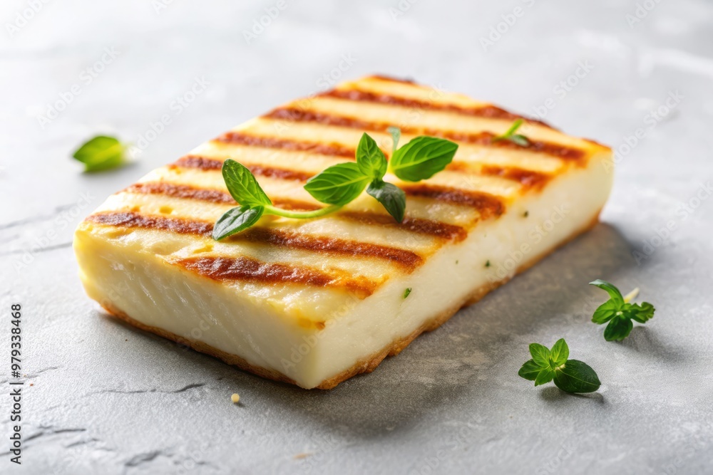 Golden and crispy on the outside, creamy on the inside, a perfectly grilled slice of haloumi cheese sits proudly on a minimalist white background Golden and crispy on the outside, creamy on the inside, a perfectly grilled slice of haloumi cheese sits proudly on a minimalist white background