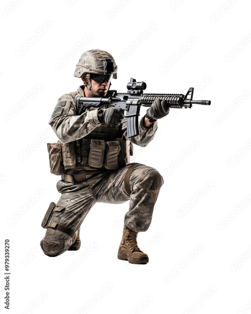 Soldier in camouflage uniform with assault rifle for military, army, combat, war, security, defense, protection, and armed forces concepts. Generative AI Soldier in camouflage uniform with assault rifle for military, army, combat, war, security, defense, protection, and armed forces concepts. Generative AI