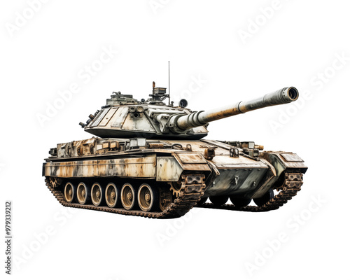 Camouflaged military tank suitable for military, warfare, and defense concepts. Shows tracks, cannons, and turrets. Perfect for war themed designs and projects. Generative AI photo