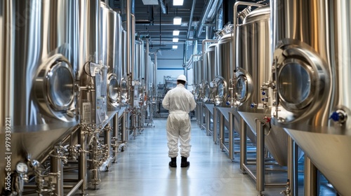 Inside the brewery, rows of large stainless steel fermentation tanks dominate the scene, filled with brewing beer photo